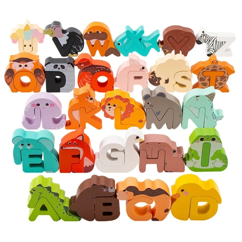 Animal Letter Puzzle with 26 Wooden Uppercase A-Z Pieces, Colorful Letter and Animal Recognition Activity Set for Hands-On 15UB