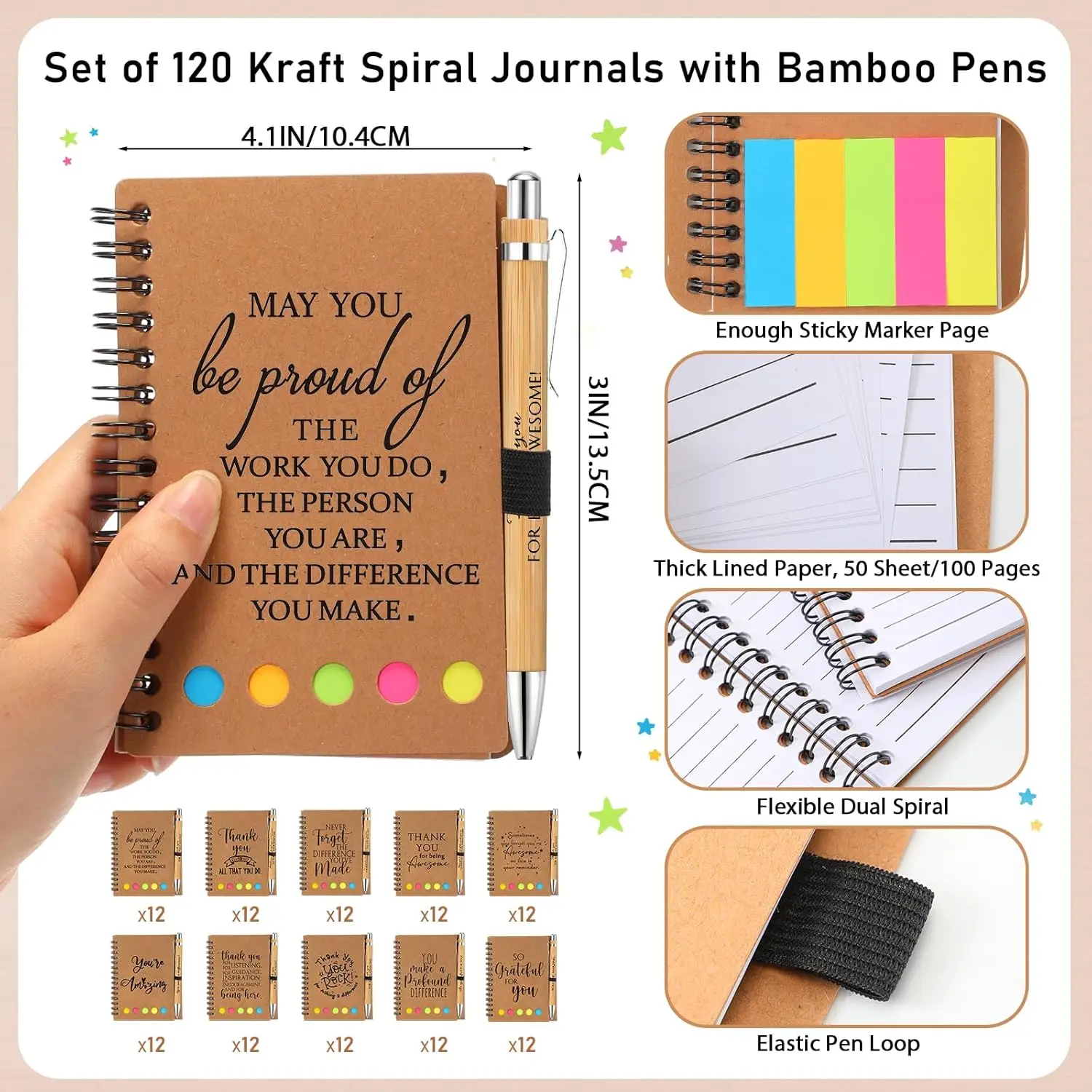 120 Set College Back to School Inspirational Notebook with Notepad Motivational Bamboo Ballpoint Pens Bulk for Classroom Teacher