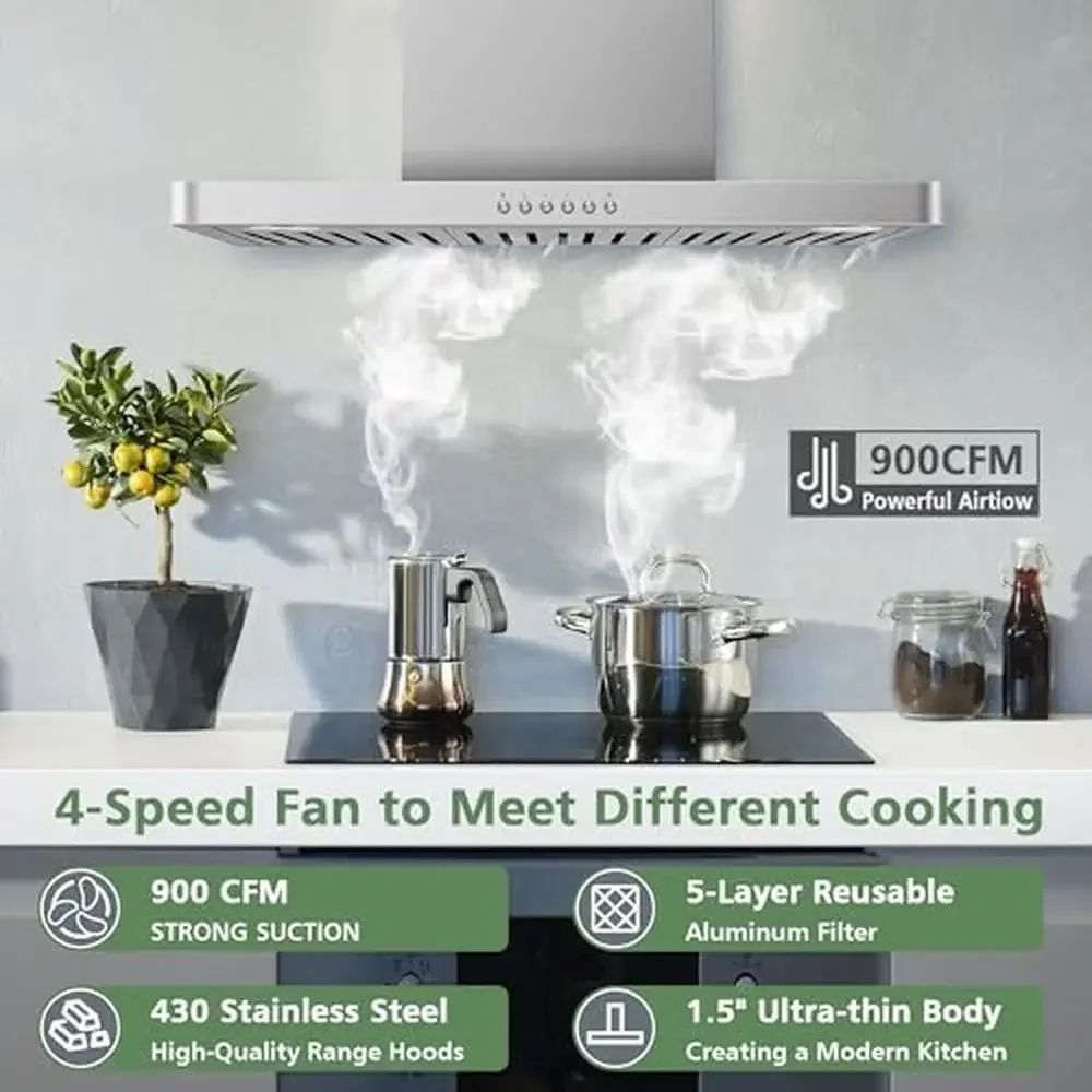 ステンレス鋼の壁に取り付けられたキッチンレンジフード、LEDライト、4速ファン、超薄型ボディ、煙突、お手入れが簡単なフィルター、900 cfm、30インチ