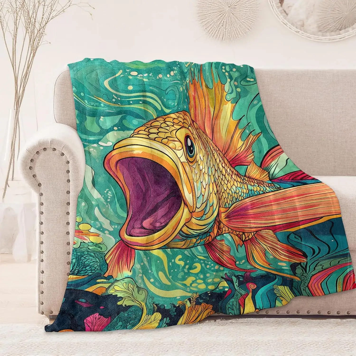 Vibrant Tropical Fish Ocean Print Throw Blanket Home Decor Coastal Underwater Aquatic Aesthetic Art Cozy Quilt Sofa Bed Throw