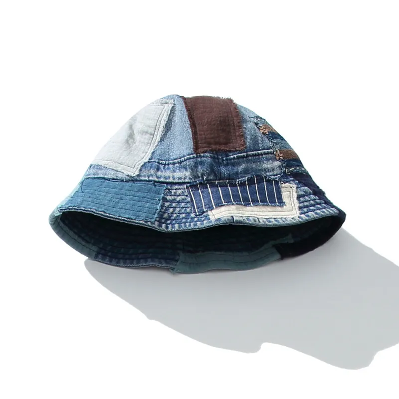 Vintage Boro Style Handmade Patchwork Washed Blue Denim Bucket Hat 100% Cotton Breathable Fisherman Hat Casual Outdoor Sun Cap