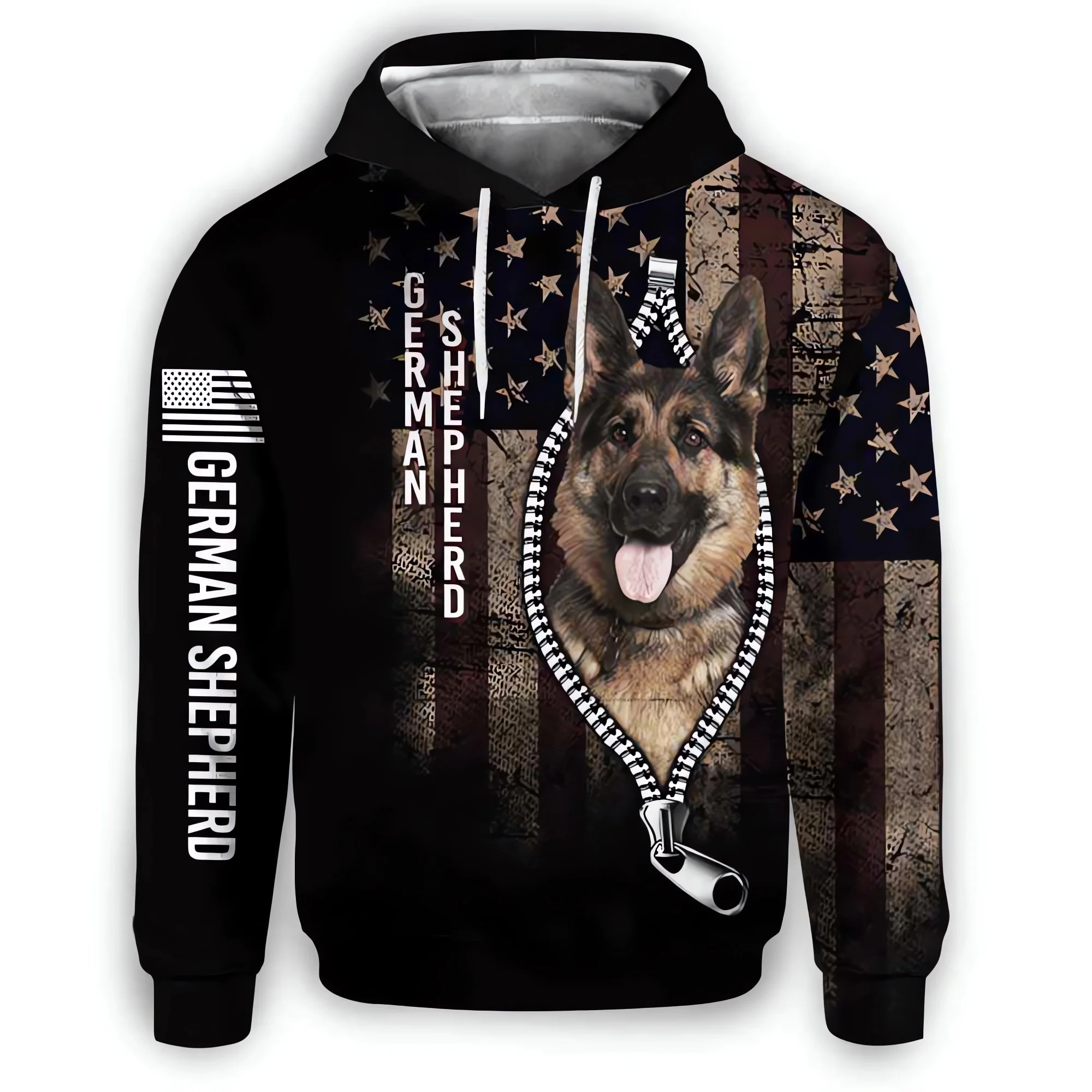 HX Retro Animal Hoodies German Shepherd Pug Rottweiler Usa Flag Zipper Printed Hoodie Casual Sportwear Men Clothing Dropshipping