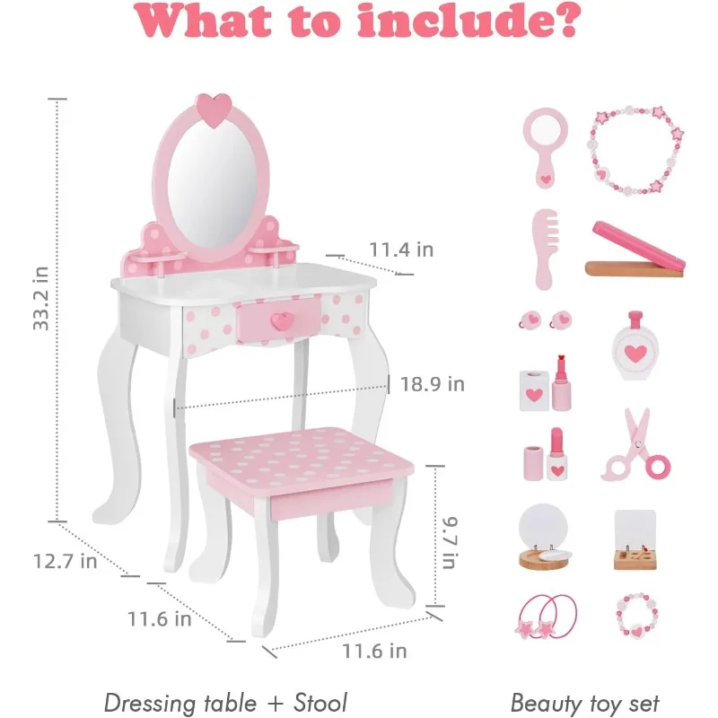 Kids Vanity Set,Table & Chair Vanity Set with Mirror（Includes 15 pcs Multiple Make up Accessories, Pink