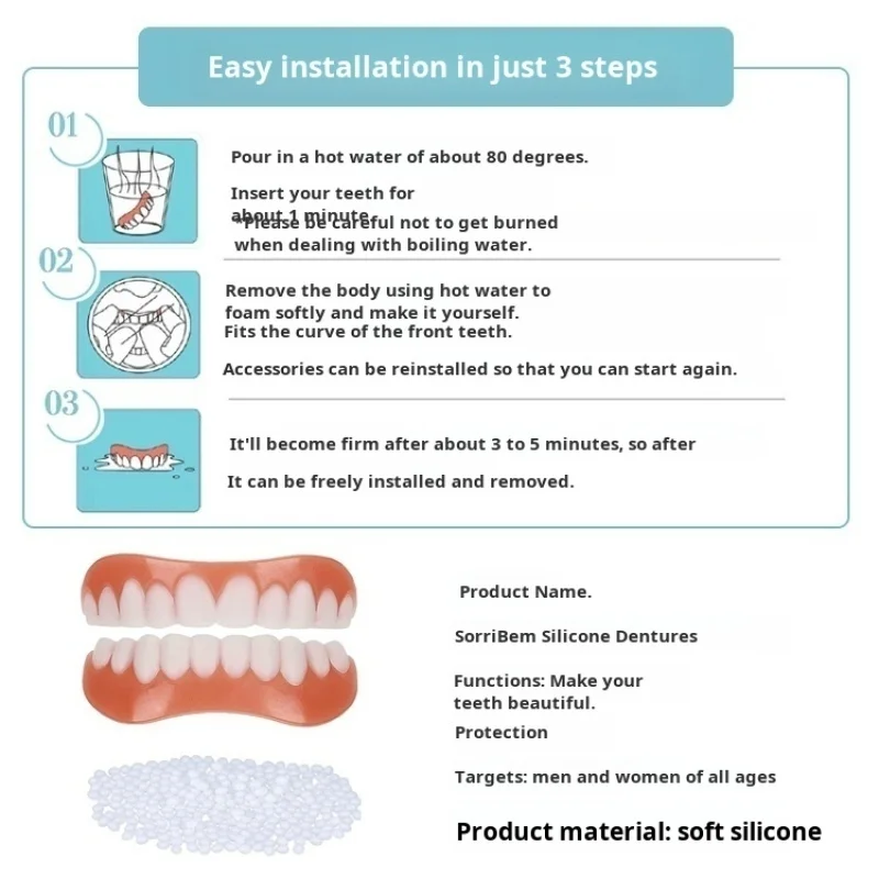 Silicone Dentadura chaves, folheados perfeitos para Lower Jaw Sorriso Maquiagem, Homens e Mulheres