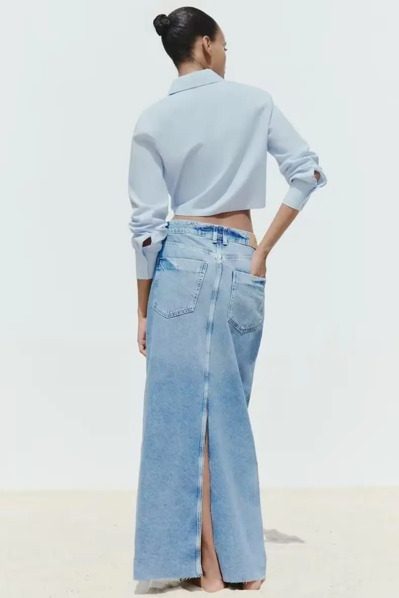 

High Waist Slimming Midi Skirt with Front Patchwork And Ba Split Women's New Faion Denim f-length Skirts 664094