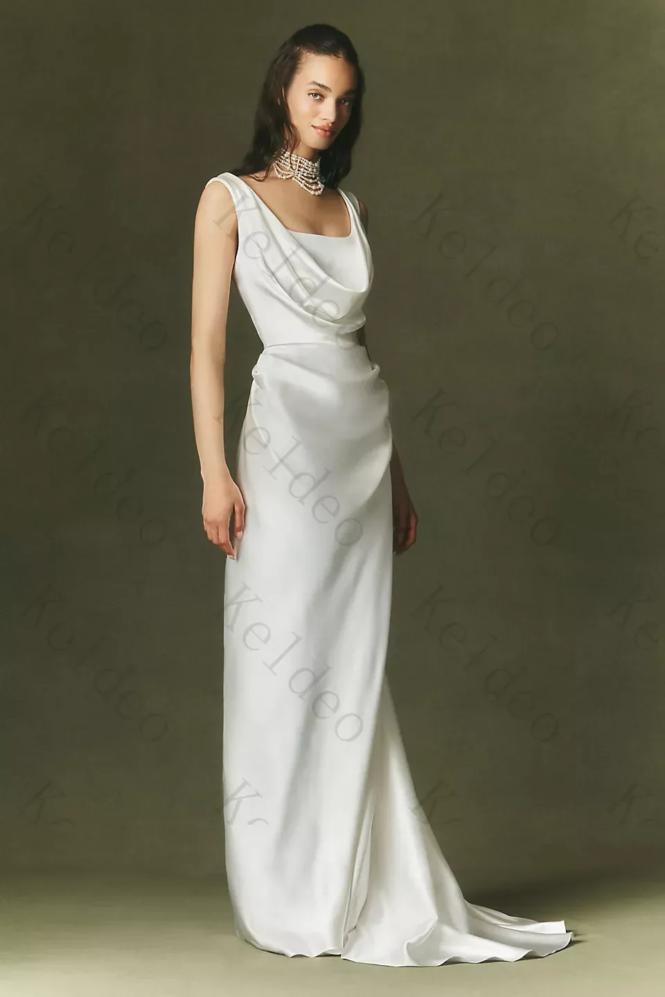 Customized Elegant A‑Line Wedding Dresses Cowl Neckline Sleeveless U‑Back Buttons Sweep Train Luxury Satin Bridal Gowns for 2026