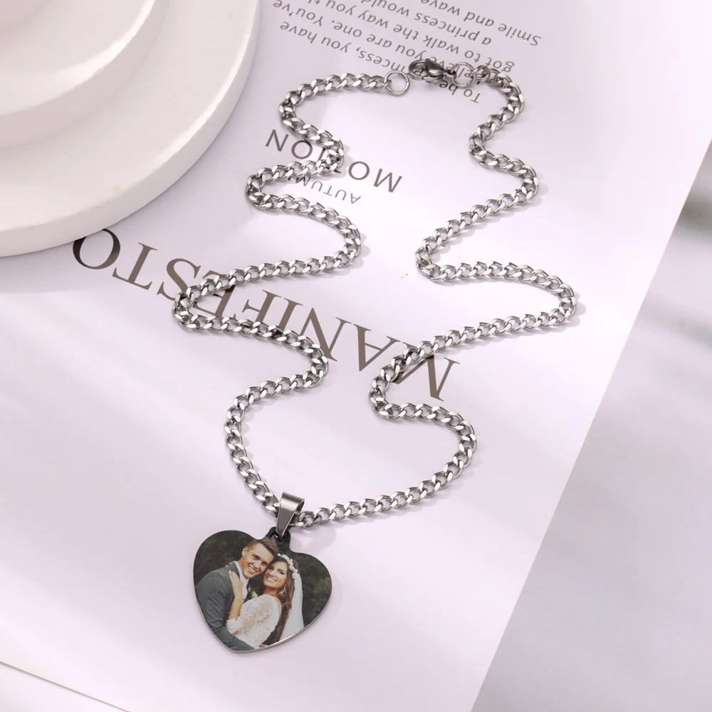 Niestandardowe zdjęcie obrazkowe naszyjniki w kształcie serca dla kobiet mężczyzn kubański łańcuszek ze stali nierdzewnej dostosowany naszyjnik wisiorek spersonalizowana biżuteria