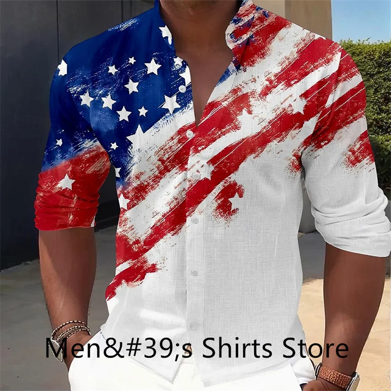 Flag Patriotic Casual Men\'s Button Shirt Long Sleeve Party Evening Daily Vacation Summer Spring Autumn Stand Collar Shirt