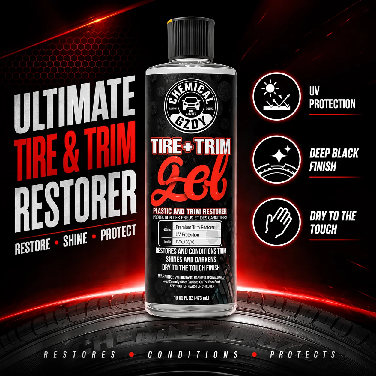 Tire Shine & Trim Restorer Gel – UV Protectant, Premium Dressing for Rubber, Vinyl & Plastic