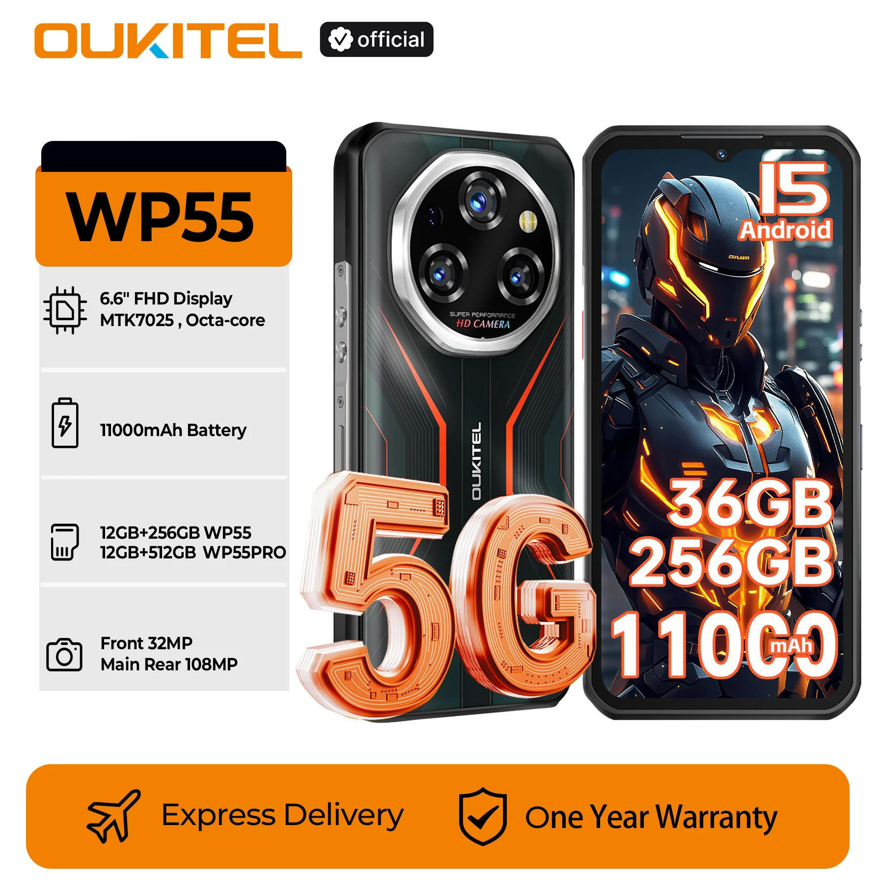 Oukitel WP55 Series 5G Rugged Smartphone 11000mAh, 256GB or 512GB ROM Cell Phone Android 15, 108MP Camera NFC Mobile Phone