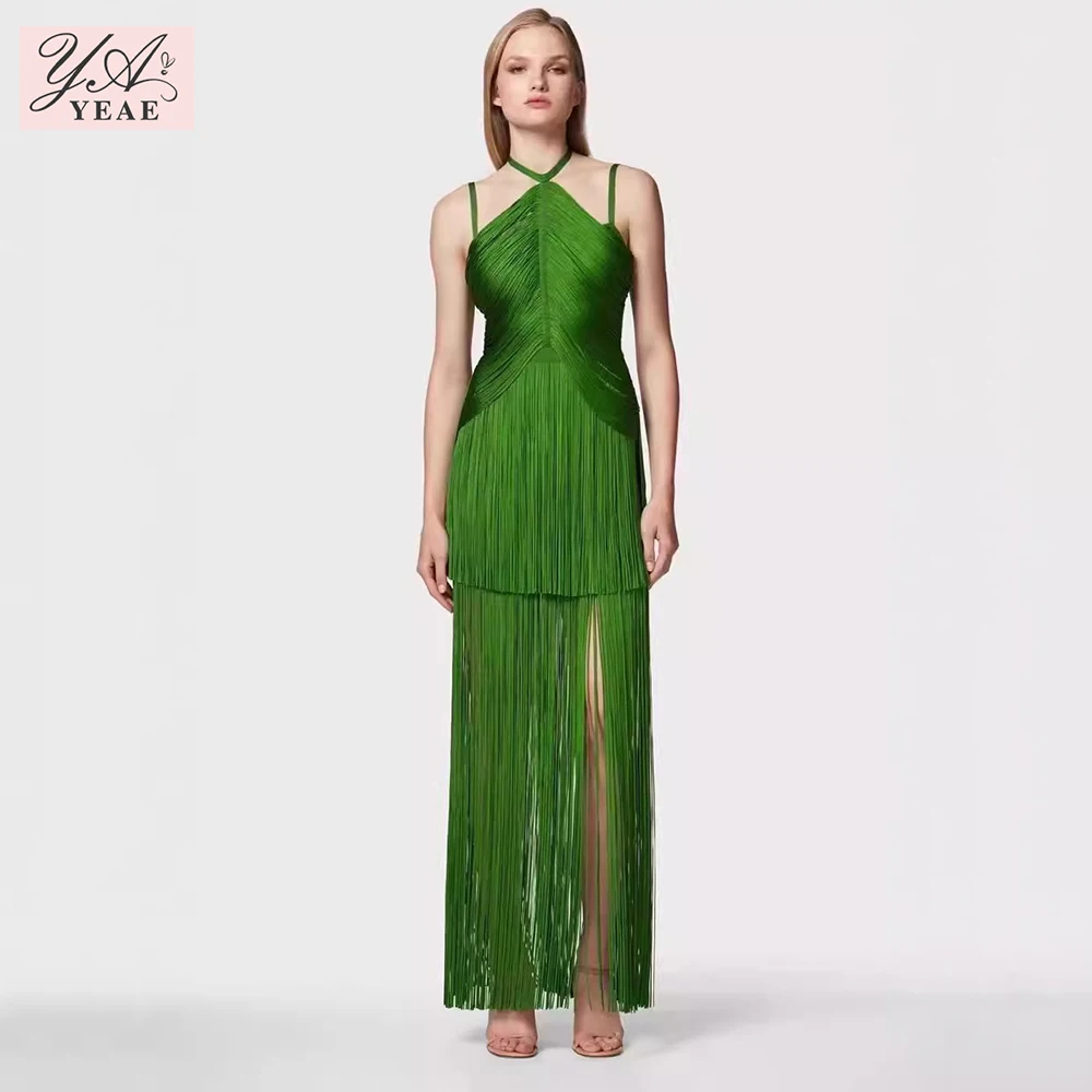 2024 New Women\'S Green Sexy Sleeveless Tight Fringe Long Bandage Dress Elegant Celebrity Party Evening Dress