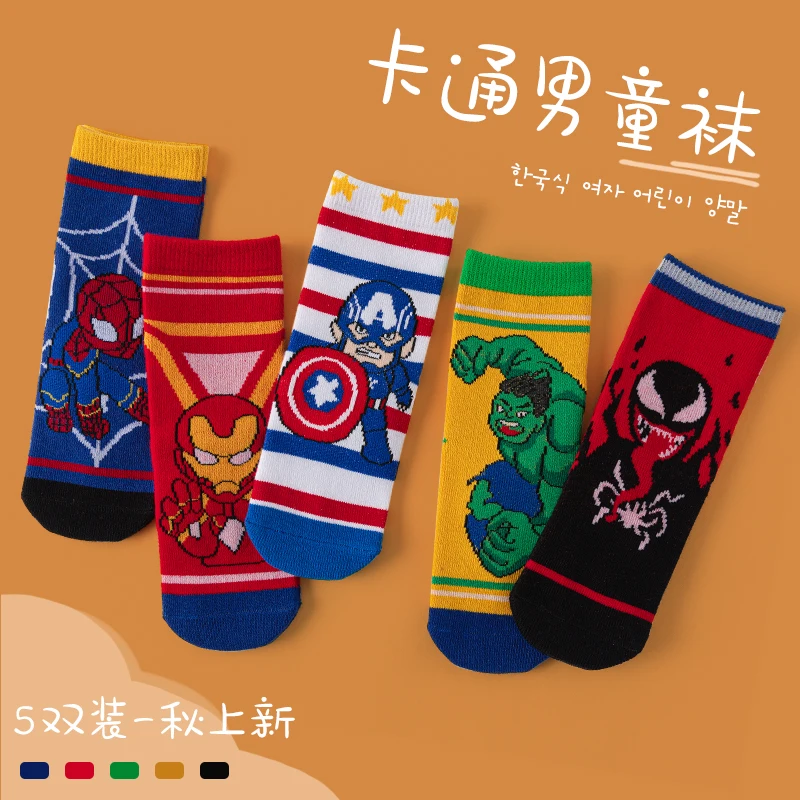 5 Pairs Children Socks Cartoon Spiderman Boy\'s Socks Spring Autumn Middle Tube sock Cotton Cute Kids Socks Size 1-12 Year