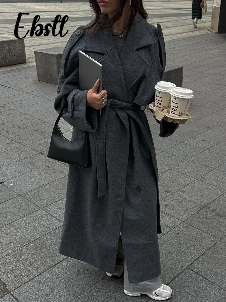 

High Street Double-breasted Belt Woolen Coat Women's Casual Lace-up Lapel Button Long Overcoat 2025 Winter New Lady Warm Outwear