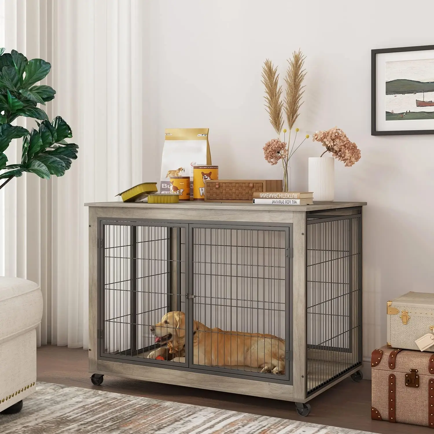 IchbinGo Dog Crate Furniture, Wooden Dog Crate Table, 43.7