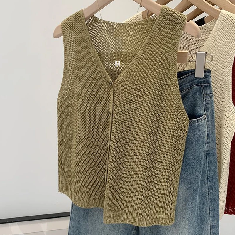 Summer Korean Cotton And Linen Fashion Casual Solid Color Loose V-Neck Vest For Women image 2