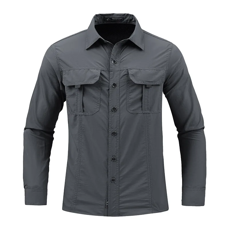 Neues Sommer Cargo Shirt für Männer Langarm 2-Taschen Herren hemden hochwertige Outdoor Casual Overs hirt einfarbig schnell trocknendes Top