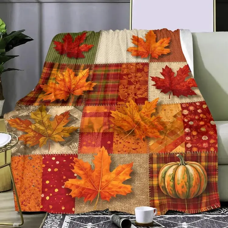 Fall Blanket Autumn Throw Blanket Rustic Patchwork Maple Leaves Pumpkin Fleece Flannel Blankets for Couch Sofa Bed Farmhouse Thanksgiving Decor Cozy Lightweight Warm Throw 50