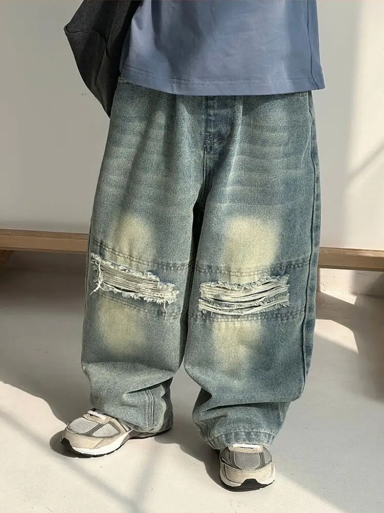Spring Autumn Baby Boys Jeans Fashion Kids Ripped Hole Denim Pants Cotton Children Wide Leg Trousers 3-10 Years