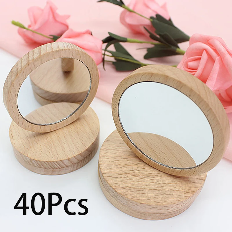 40Pcs Pure Wooden Cosmetic Mirror Round Portable Makeup Mirror Student Portable Makeup Small Princess Mirror