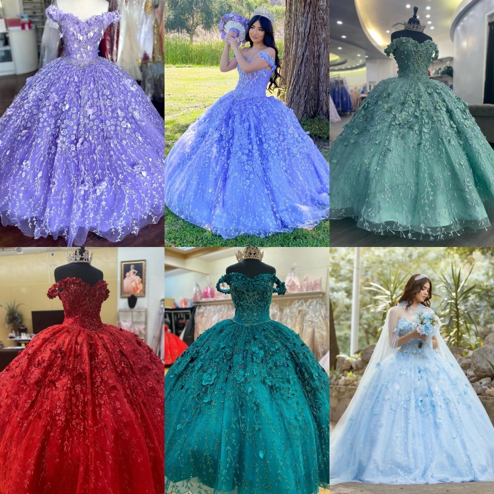 Lilac Lace vestidos de 15 años 2023 Hooded Cape 3D Floral Puffy Ballgown Quinceanera Sweet 16 Dress Red Prom Quince Gown Pink