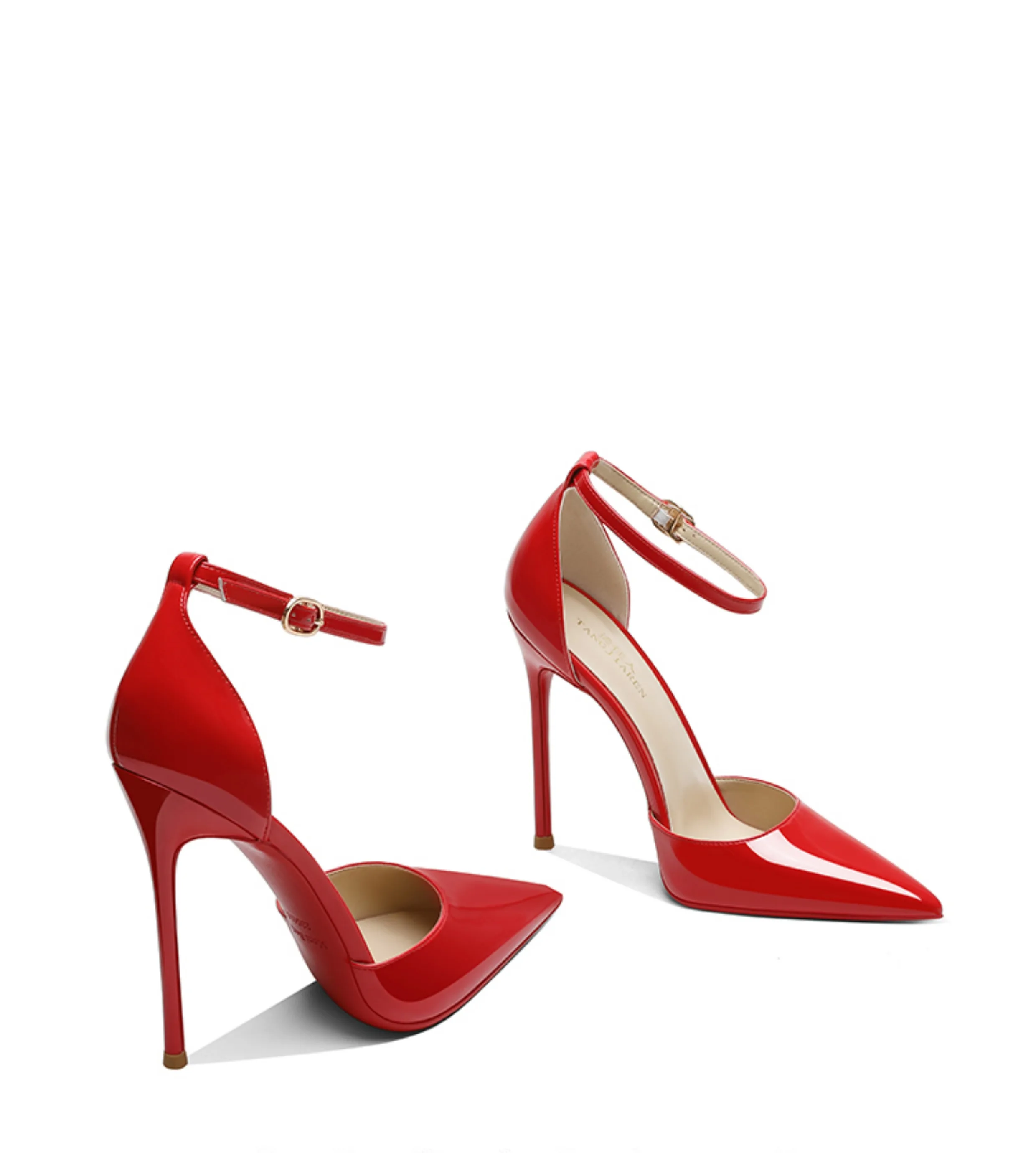 Naked high heels, women's slim heels, new sexy one-piece buckle strap, fashionable pointed hollow red sole single shoe