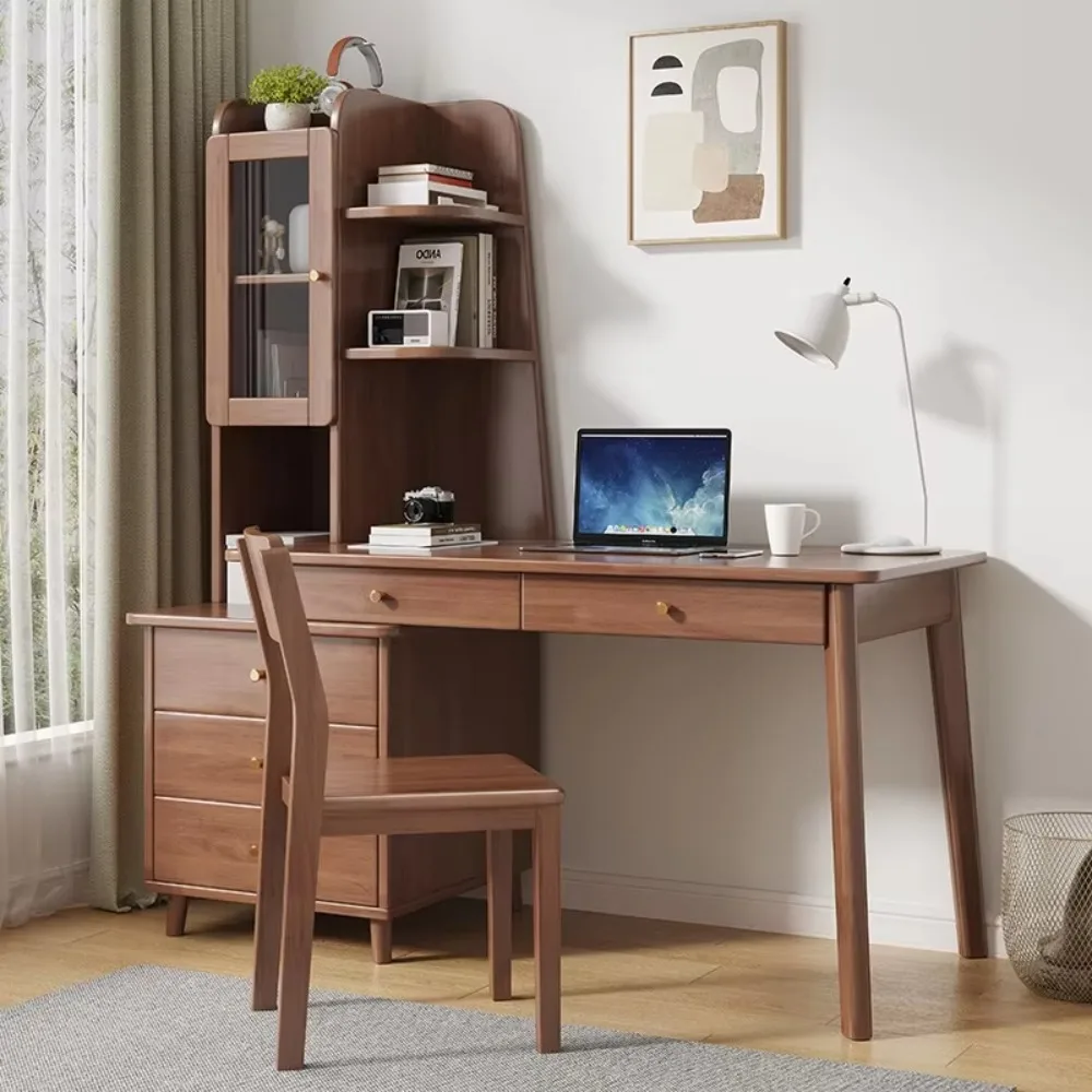 Solid Wood Retractable Computer Desk with Integrated Bookshelf and Side Cabinet, Modern Office and Bedroom Writing Desk