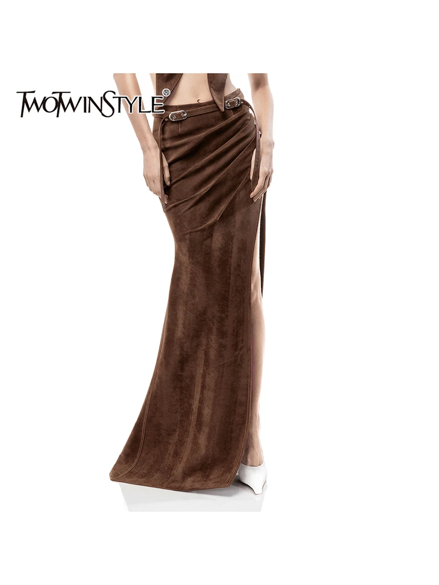 

TWOTWINSTYLE однотонные утягивающие модные юбки со складками для женщин с высокой талией и разрезом в стиле пэчворк, темпераментная юбка, женская новинка