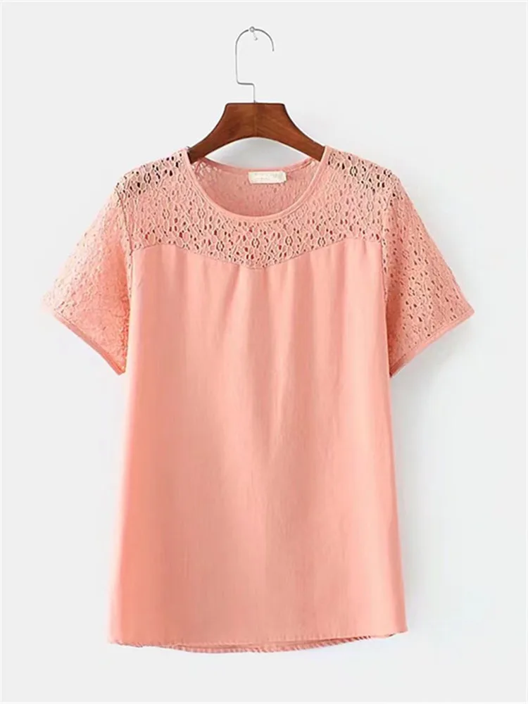 Plus Size Clothes For Summer T-Shirt Lace Cutout Fabric Stitching With Natural Cotton And Linen Fabric Large Size Thin Shirt