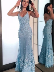 Elegant Blue Tulle Evening Dresses Women V Neck Mermaid Appliques Spaghetti Straps Vestido De Fiesta Formal Wedding Party Gowns