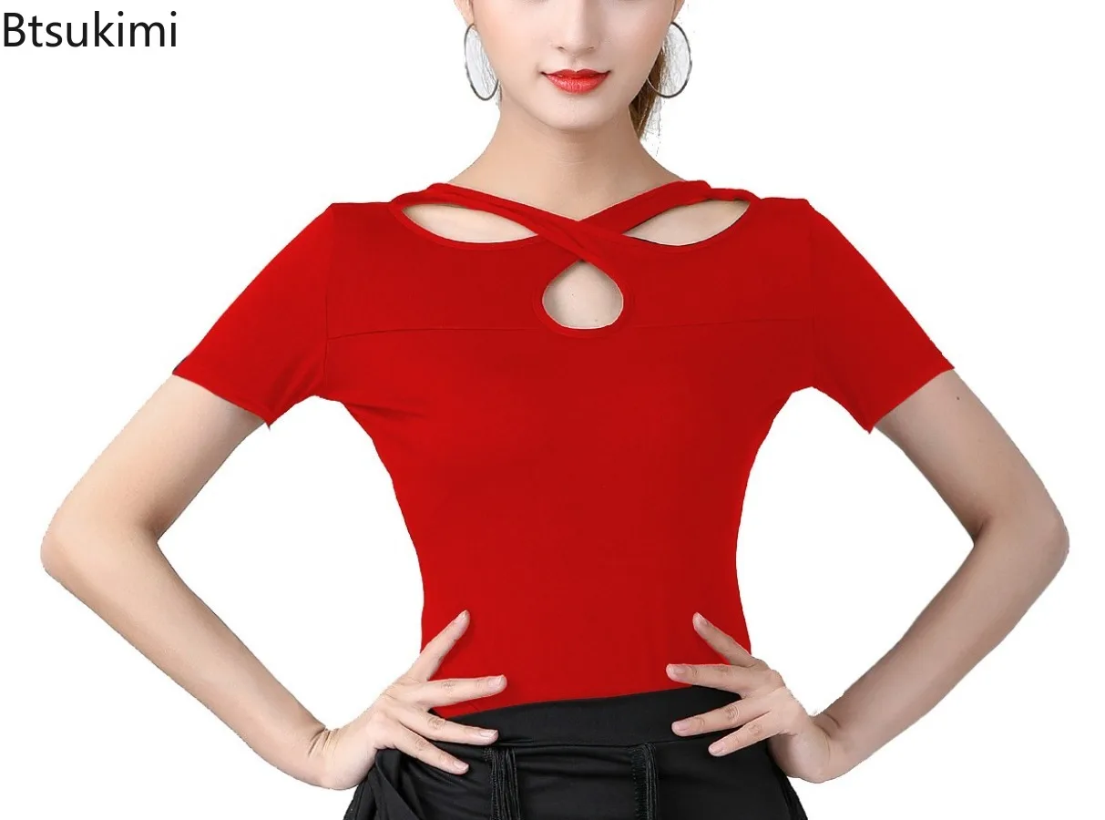 New 2026 Women's Latin Dance Crossing Tops Ballroom Tango Cha-Cha Samba Modern Dance Clothing Fashionable Tight Fitting T-shirt
