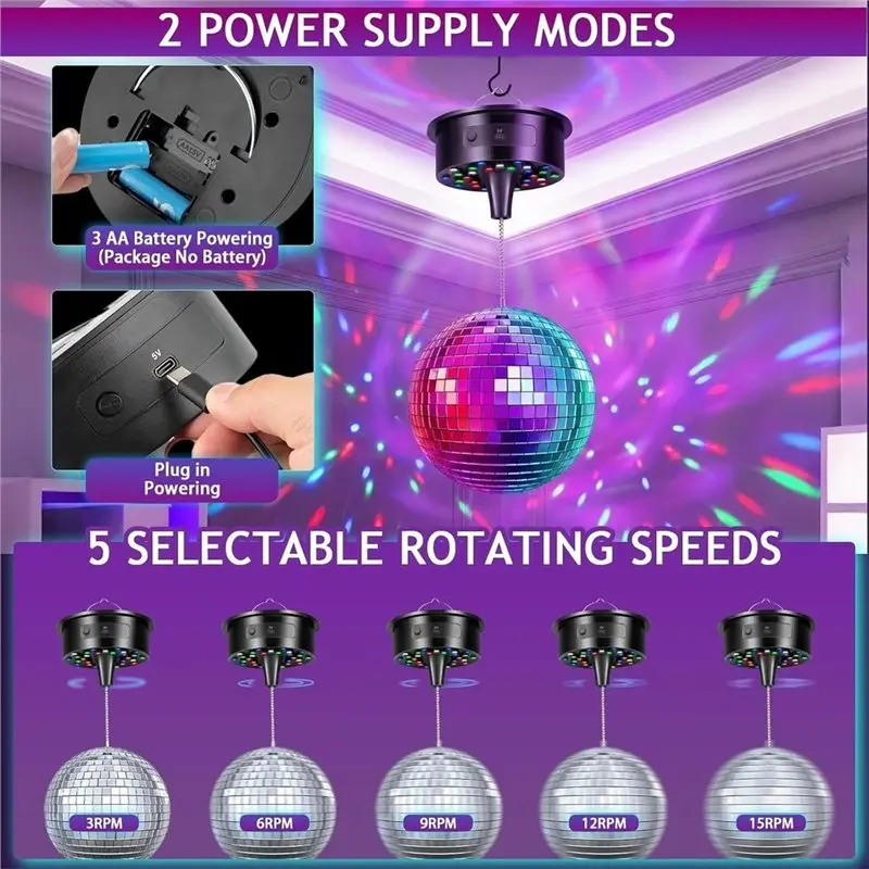 ABGG-Upgrade Disco Ball Motor With Lights - 0/3/6/9/12/15RPM Rotating Adjustable With Remote,For Party Decor,Nightclub,Bars