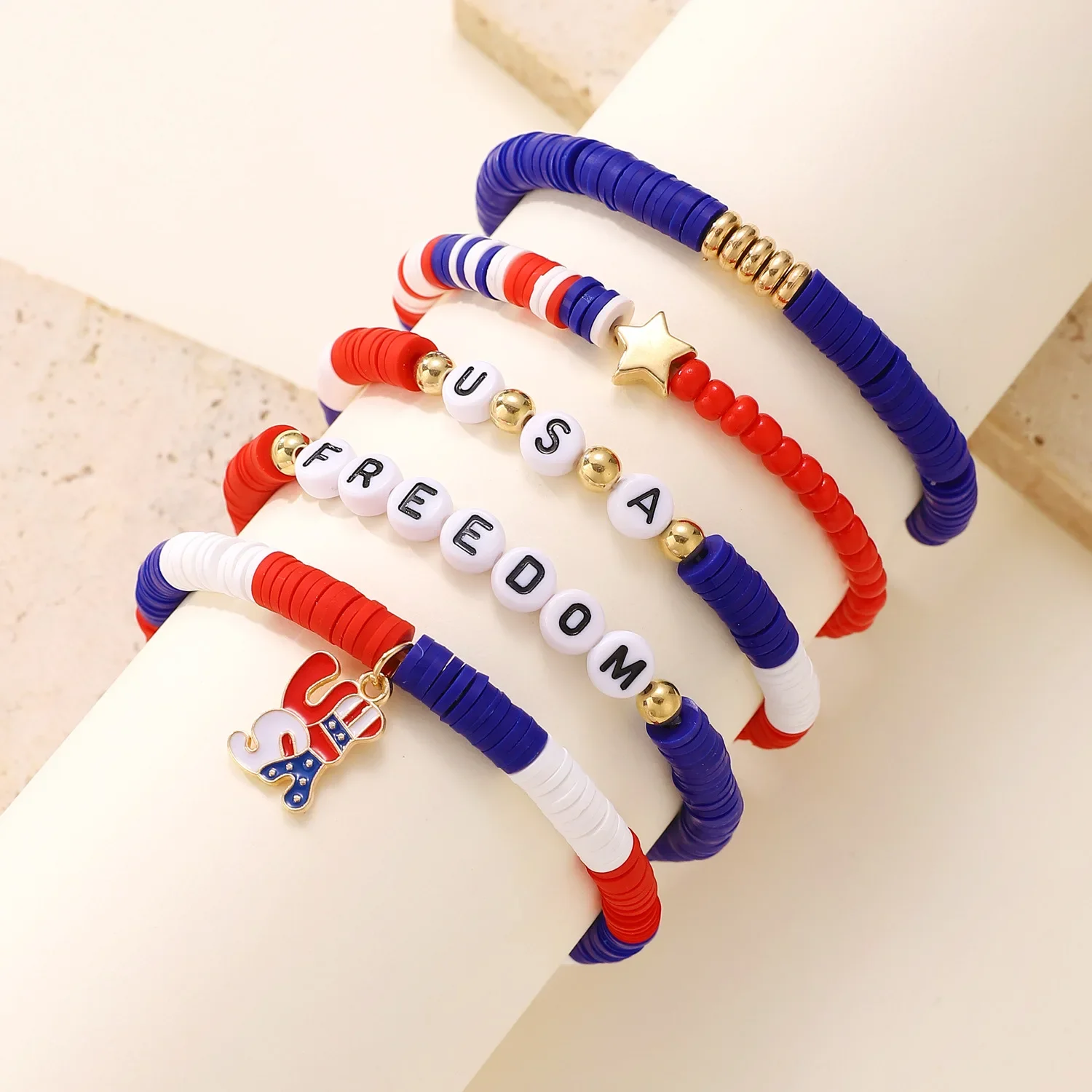 Beaded Letter Bow Love Personality Multi-layer Bracelet Female Boho Friends American Independence Day Bracelet Set Polymer Clay