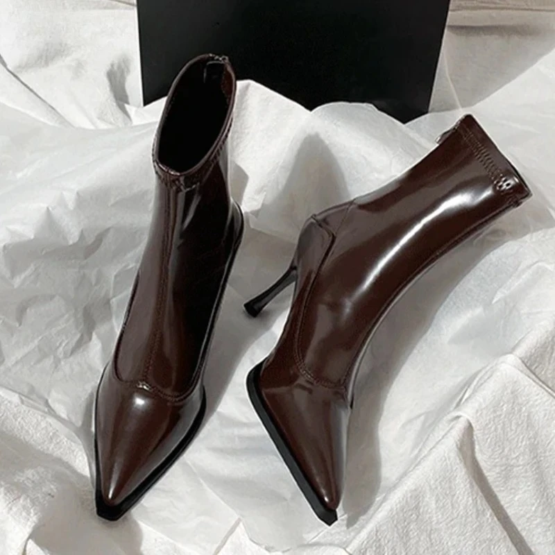 

Autumn Winter Pointed Toe Women Thin Heel Ankle Boots Street Style Party Stripper Short Botas Mujer