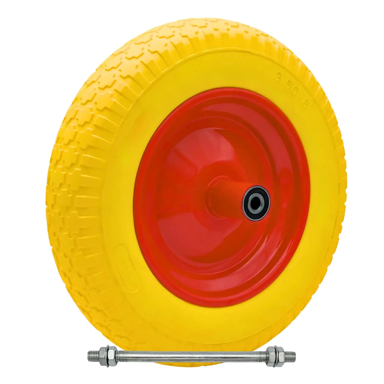 FYRKANT Lekvrije Massieve Wiel 3.50-8 voor Kruiwagen | Stalen velg | Polyurethaanrubber | Loopvlak met loopbanden | Diameter 35cm Breedte 9cm 210mm As