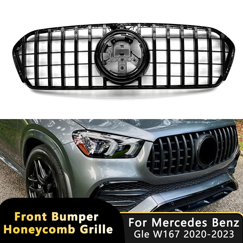

Для Mercedes-Benz W167 GLE AMG-line/GLE 53 2020-2023 (до рестайлинга) — решетка переднего бампера в стиле GT, глянцевый черный, автомобильные аксессуары