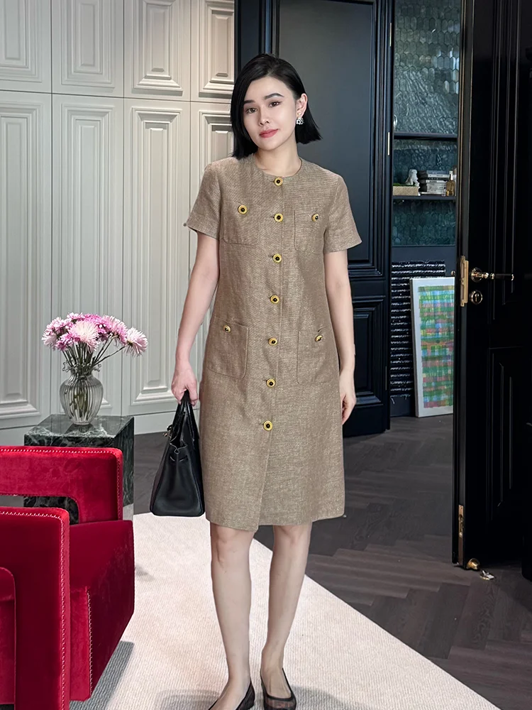 

Elegant Linen Dress with Gold Thread Short Sleeve round Neck High Quality Summer Dress by Yuan Yiling from Old Money Aesthetic