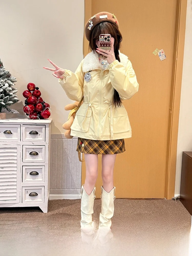 

Sweet Style Yellow Cotton Jacket Women's Winter Loose Short Coat with Fur Collar Bubble Milk Yellow Fabric Pig Cotton Clothes