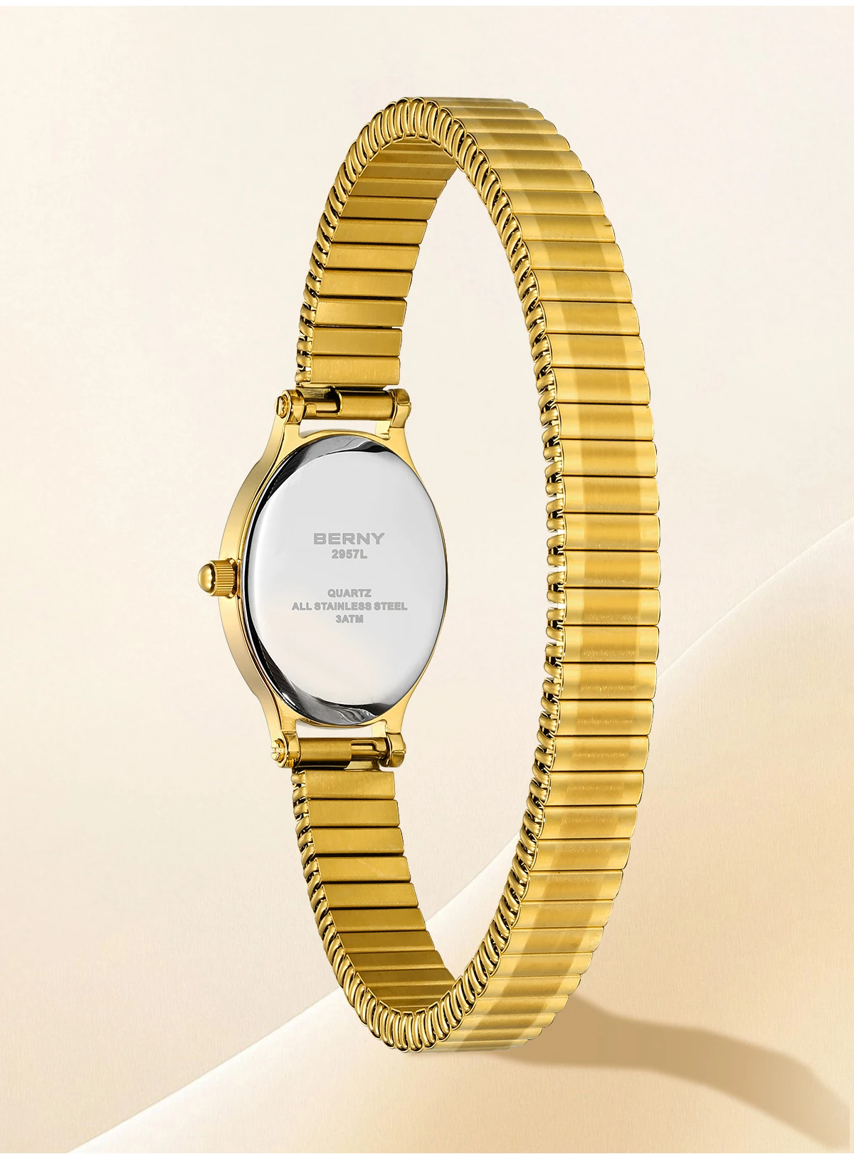 BERNY Goldene Uhren für Damen, luxuriöses goldenes elastisches Armband, elegante, leicht ablesbare Damenuhr, Stretch-Armband, Kleiderarmbanduhr – Detail 6