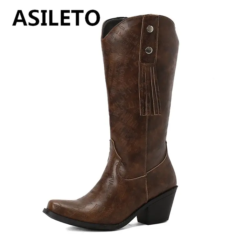 ASILETO 2024 Female Boots Toe Tassel Ridding  Wide Leg Tube Block Heels 6cm Slip On Size US14 43 44 45 Leisure Daily Booties