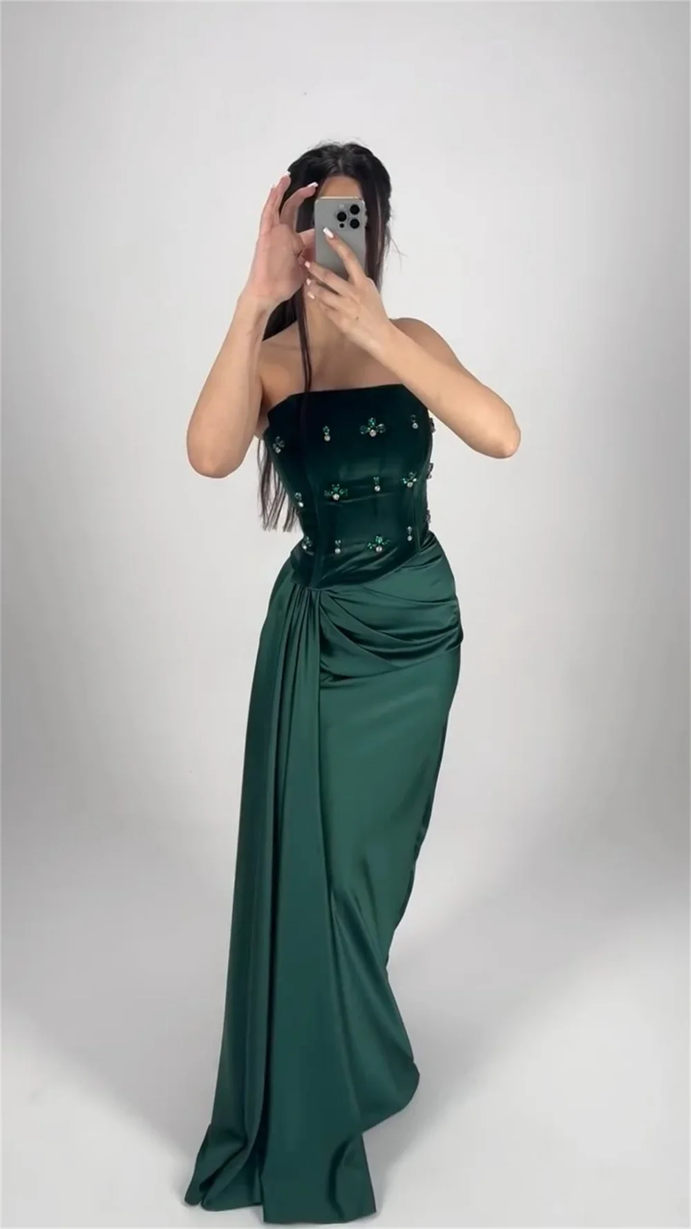 Robe de soirée sirène verte personnalisée en cristal, sans bretelles, sans manches, drapée, longueur au sol, robes de bal