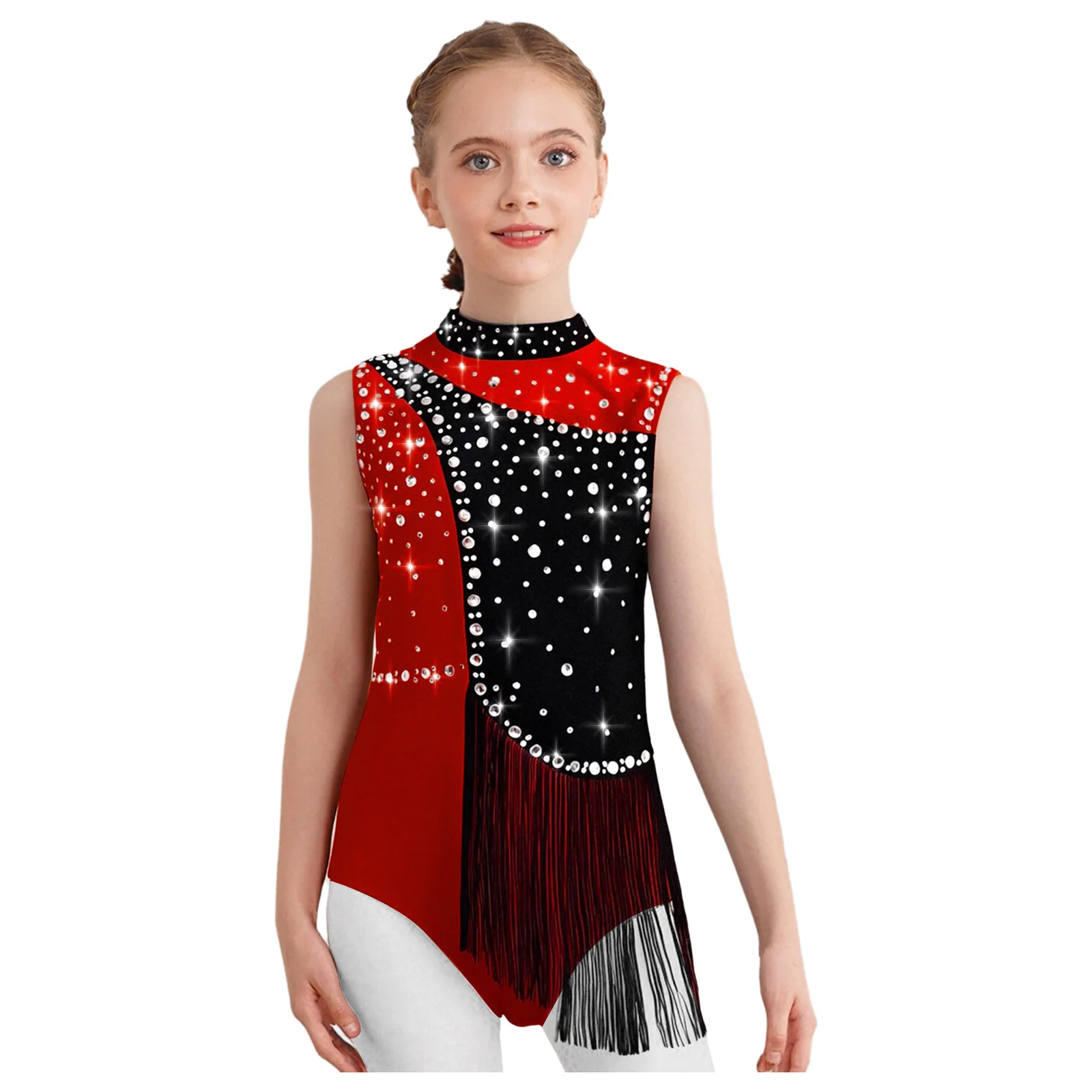 

Kids Girls Acrobatics Gymnastics Leotard Sleeveless Shiny Rhinestones Tassels Dance Bodysuit Figure Skating Ballet Dancewear