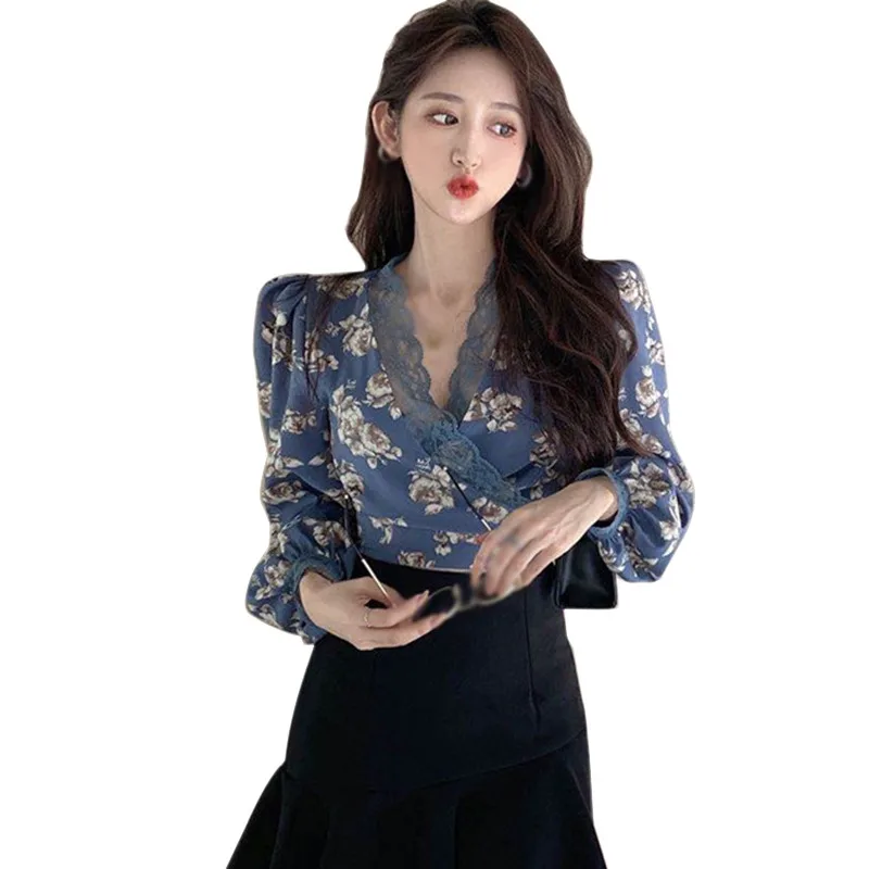 Ladies V-neck Floral Lace Splicing Long Sleeve Blouse Bubble Sleeve Chiffon Cross Back Tie Sexy Top