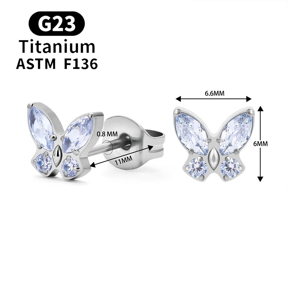 2PCS ASTM F136 G23 Titanium Piercing Butterfly Ear Studs 20G Zircon Tragus Cartilage Pierc Studs Earrings Woman Body Jewelry