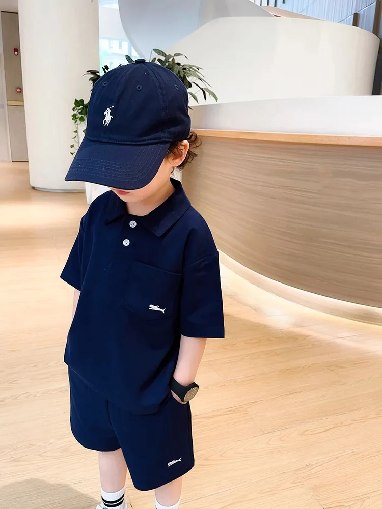 Children\'s Boys Summer Short-Sleeved Shorts Set New Casual Loose Polo Top T-Shirt Shorts Solid Colour Fashion Two-Piece Set