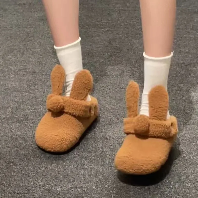 

Woman Rabbit Ears Sweet Outside Slippers Fur Flats Women Shoes Winter 2025 New Snow Boots Walking Plush Warm Cotton Slides Women