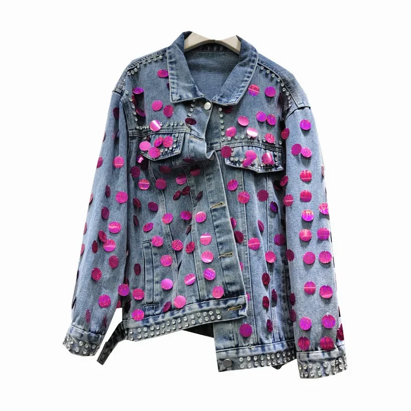 Spring Sequin Beaded Diamonds Frayed Hole Short Denim Jacket Women Lapel Long Sleeve Casual Loose Streetwear Chaqueta Mujer