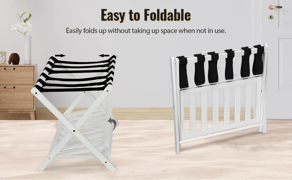 Luggage Holder 2 Packs Luggage Rack Bamboo Nylon Straps Folding Luggage Rack for Guest Room with Storage Shelf Suitcase Stand