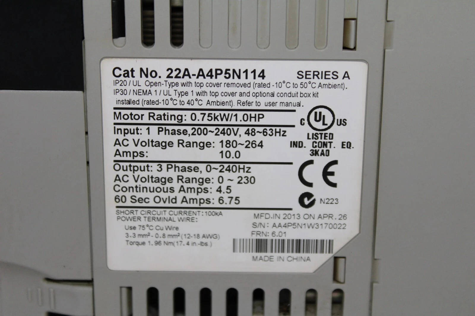 

Б/у 22A-A4P5N114 для привода переменного тока Allen Bradley PowerFlex 4 240 В 0,75 кВт