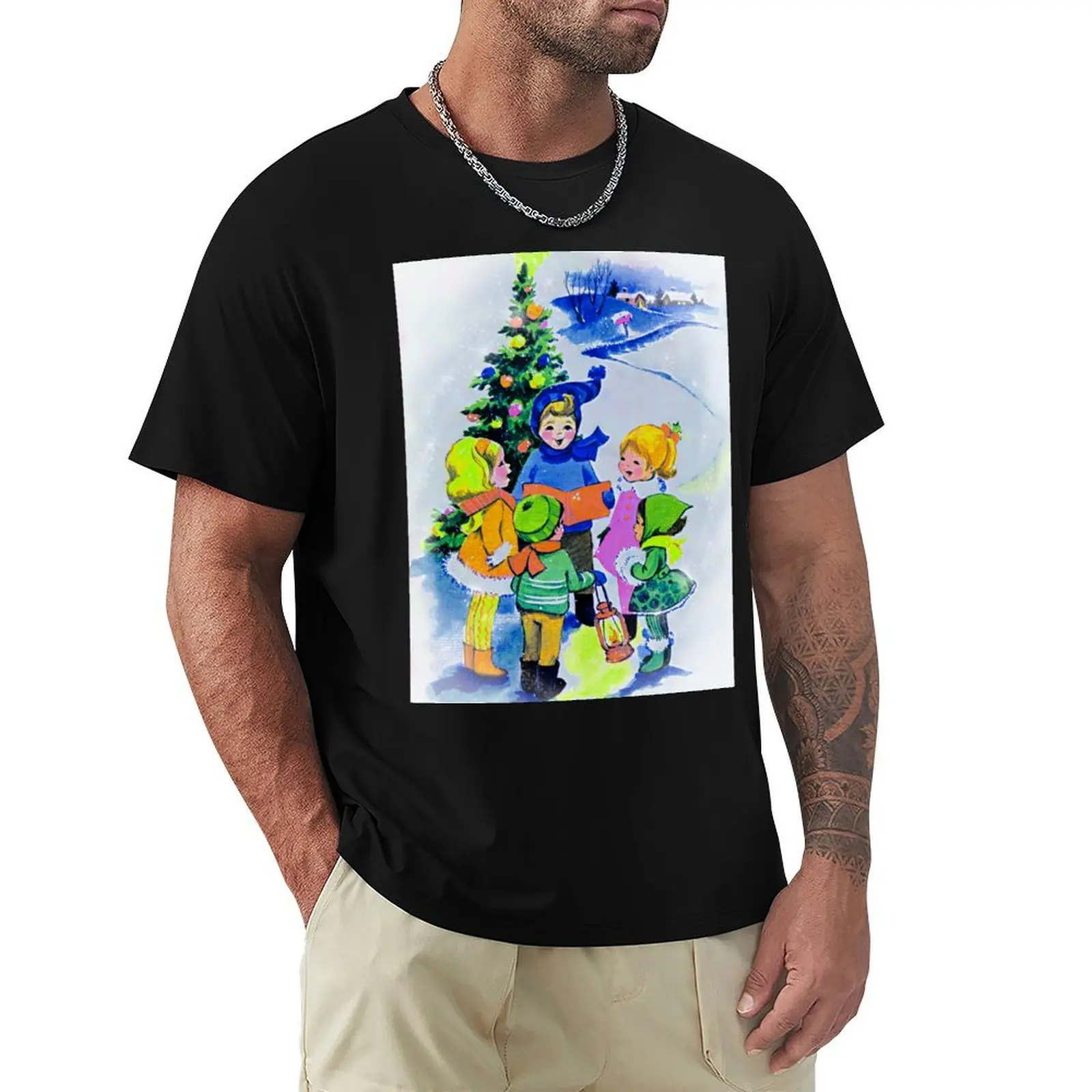 

Vintage Illustration Children Singing Christmas Carols Around Tree Print T-Shirt aesthetic clothes mens t shirts pack