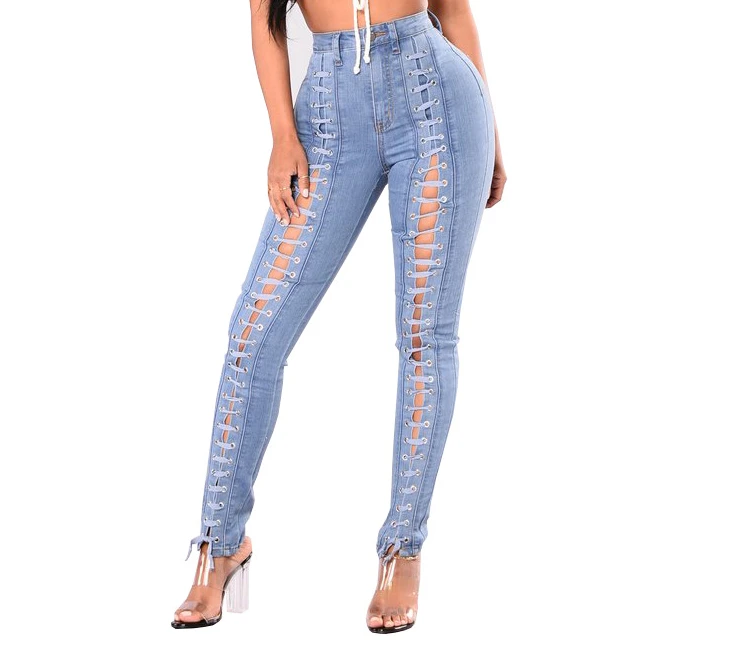 Summer New Bandage Sexy Hollow Skinny Denim Trousers Ladies Jeans Women's Clothing